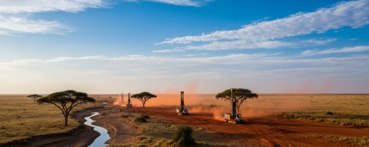 Explorations-Bohranlagen in einer afrikanischen Savannenlandschaft bei goldenem Abendlicht