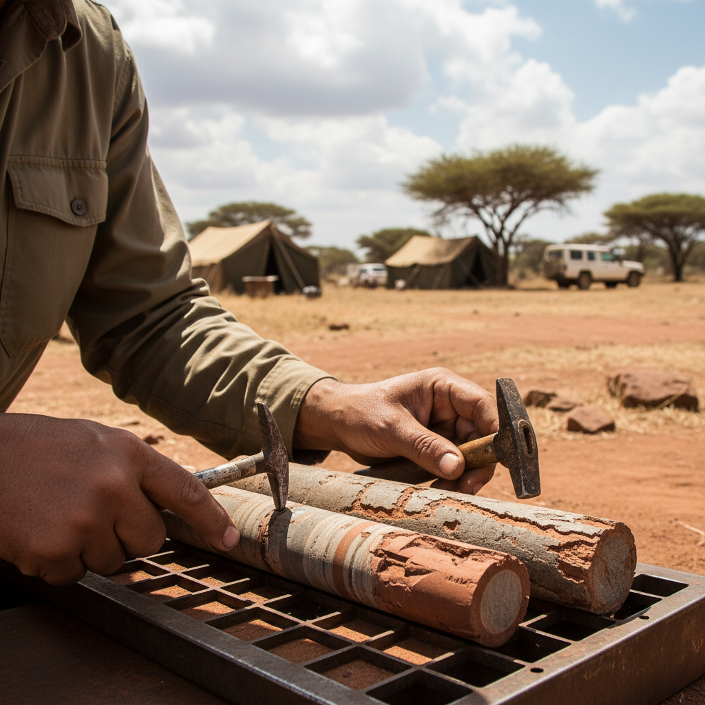 Geologist examining drill core samples on a core tray in African terrain