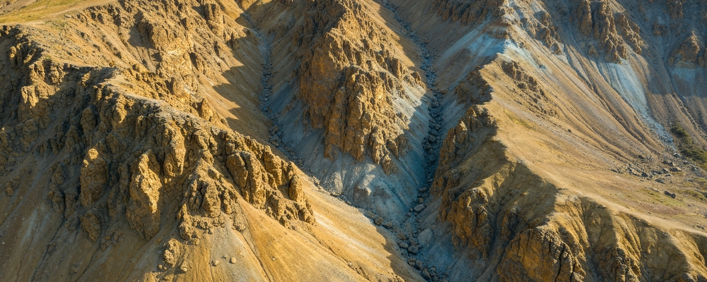 Geologischer Aufschluss in Nordkanada mit matten Goldtönen und kühlen blauen Schatten aus der Vogelperspektive
