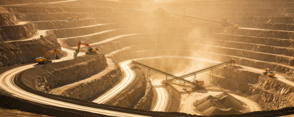 Tagebau-Goldmine aus der Vogelperspektive mit terrassierten Felsformationen und schwerem Gerät