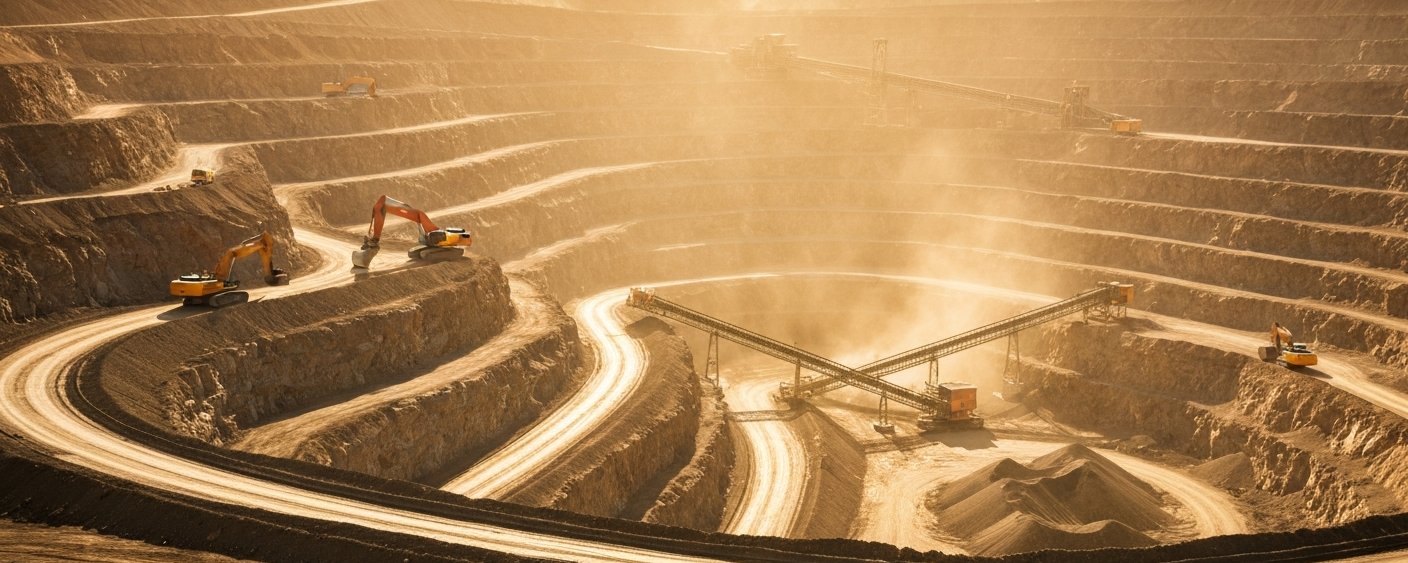 Tagebau-Goldmine aus der Vogelperspektive mit terrassierten Felsformationen und schwerem Gerät