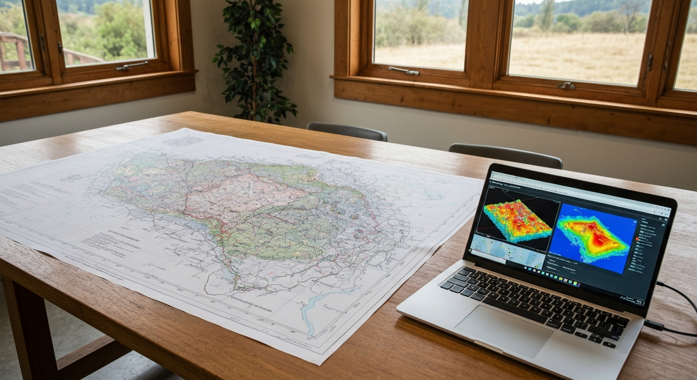 Geologische Karte auf Tisch neben Laptop mit Datenheatmap im Feldbüro