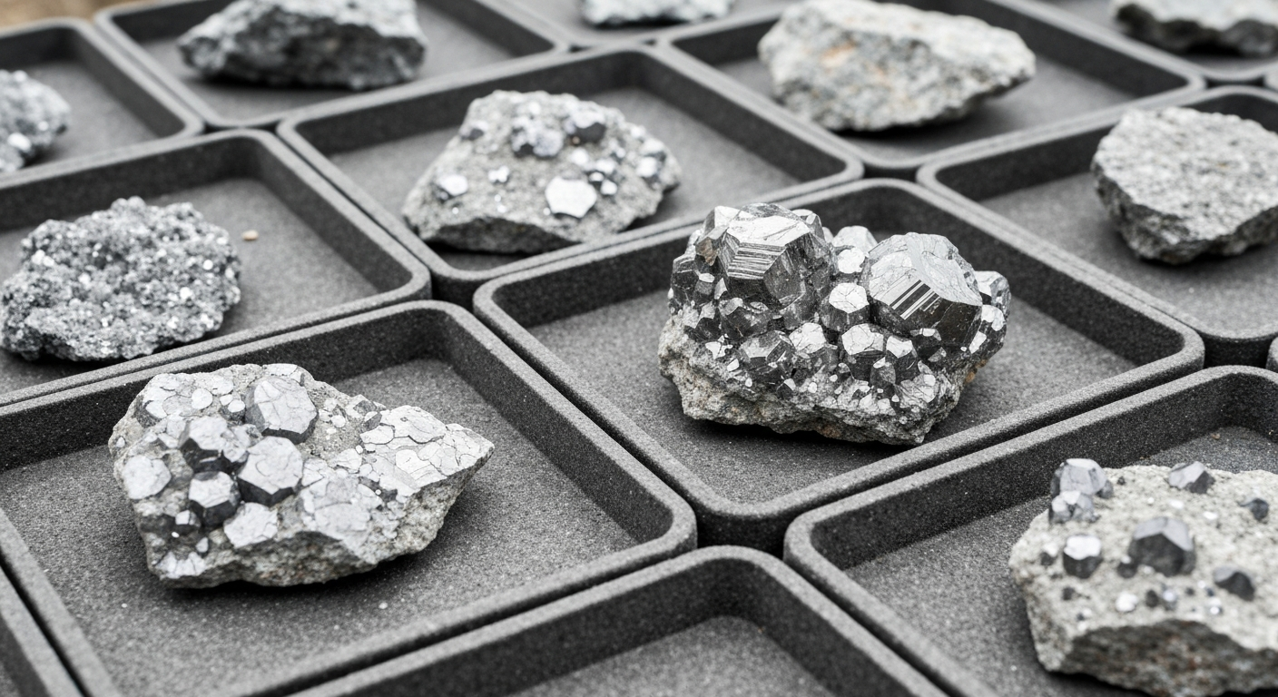 Bohrkernproben mit metallischen Mineralien auf einem Feldtisch bei geophysikalischer Exploration