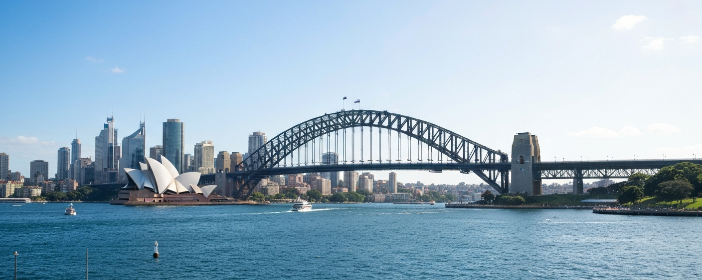 Skyline des Sydneyer Finanzviertels bei Abenddämmerung mit Hafenblick