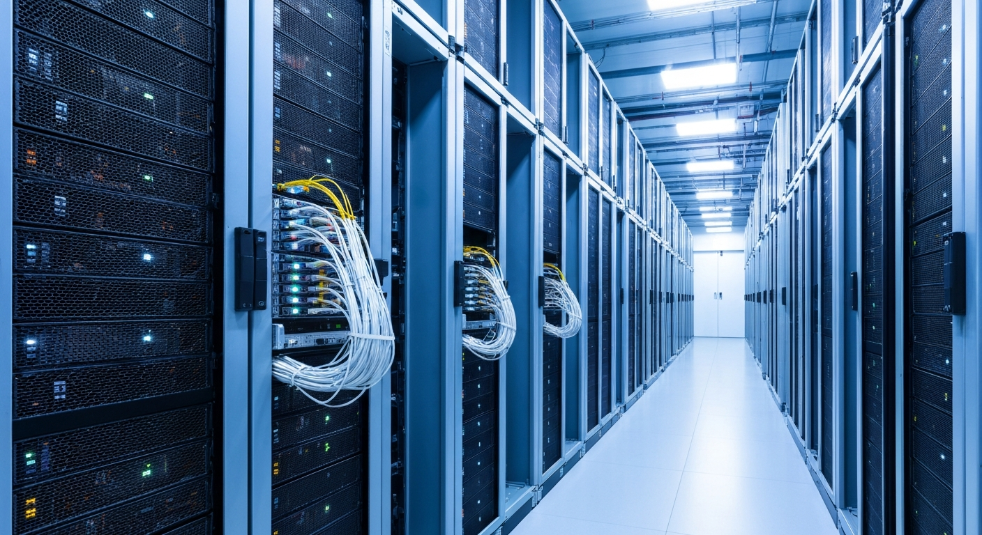 Beleuchtete Serverracks in einem modernen Rechenzentrum mit blauem Umgebungslicht