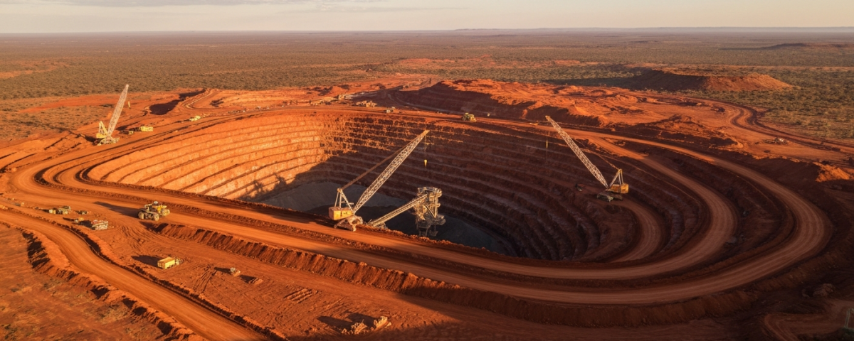 Kupfermine im australischen Outback aus der Vogelperspektive mit schwerem Gerät bei Dämmerungslicht