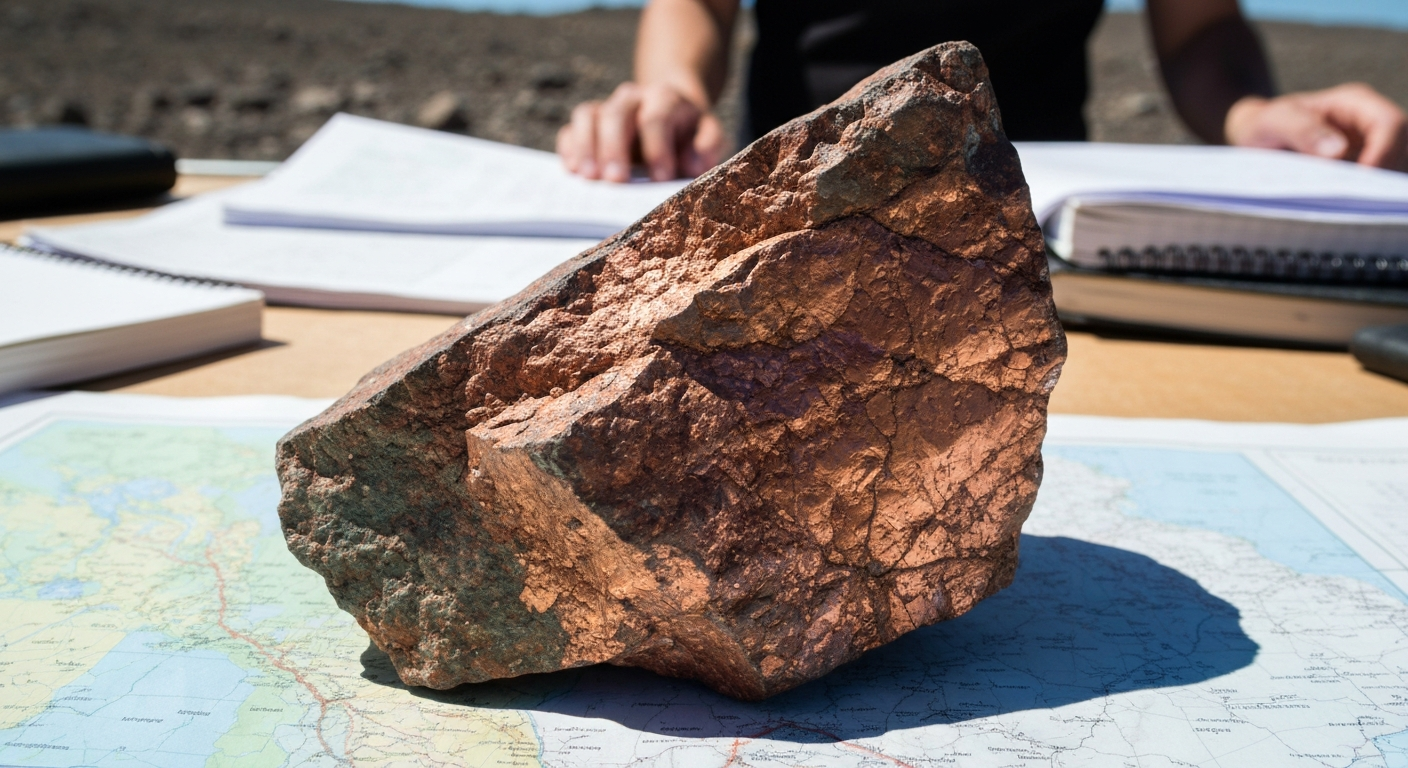 Kupfererz-Proben auf einem Geländetisch bei einer Explorationskampagne in Australien