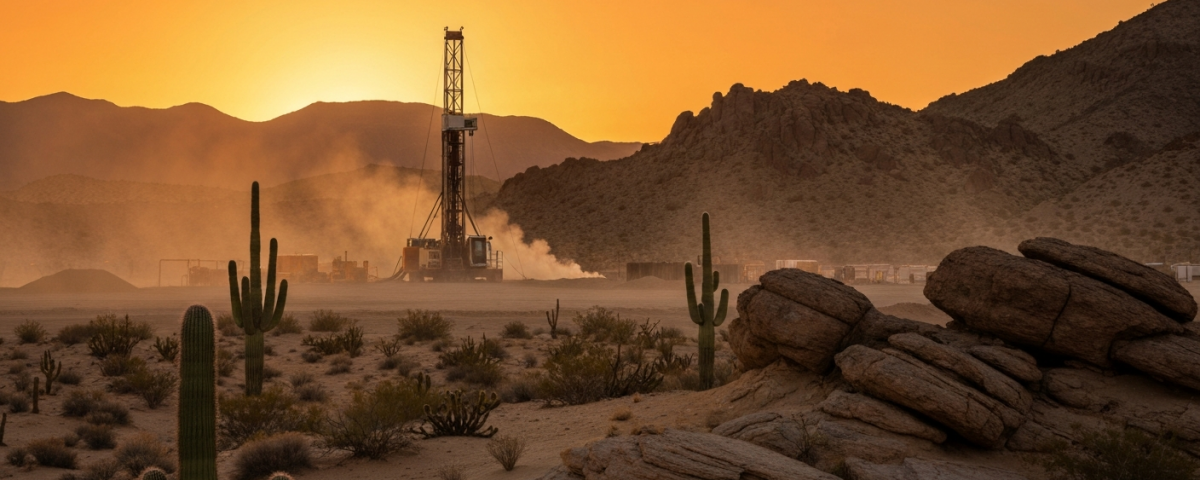Bohranlage in der Wüste Nevadas bei Sonnenuntergang – Uranexploration im Westen der USA