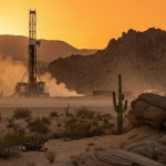 Bohranlage in der Wüste Nevadas bei Sonnenuntergang – Uranexploration im Westen der USA