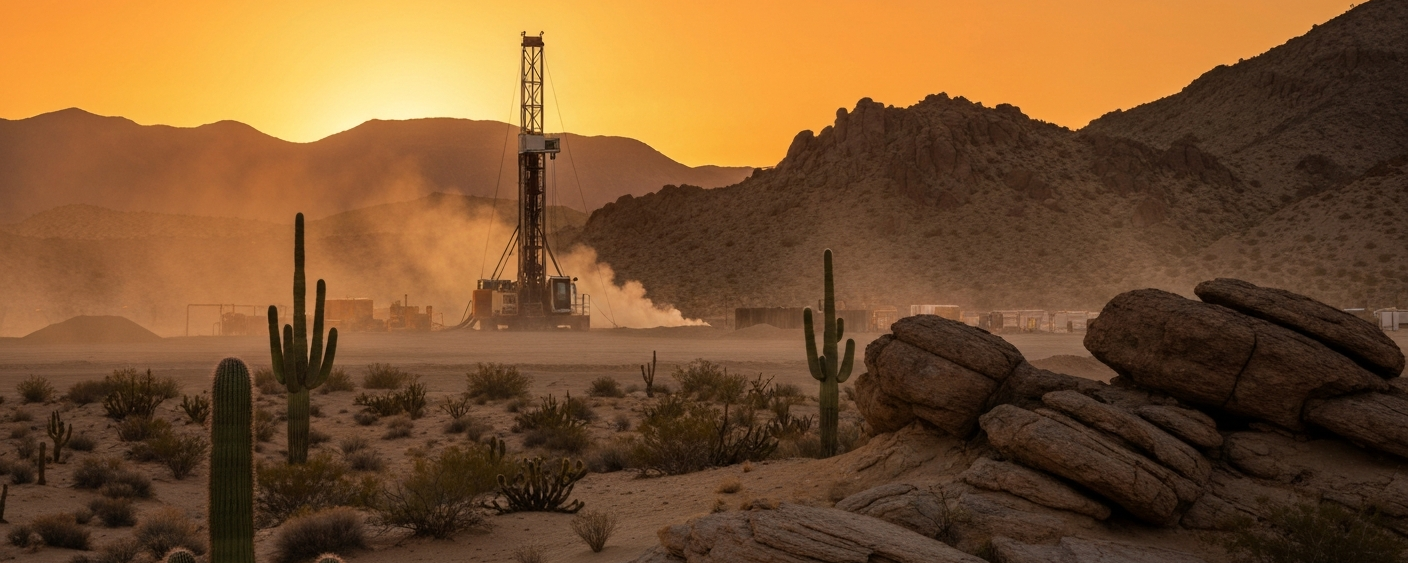 Bohranlage in der Wüste Nevadas bei Sonnenuntergang – Uranexploration im Westen der USA