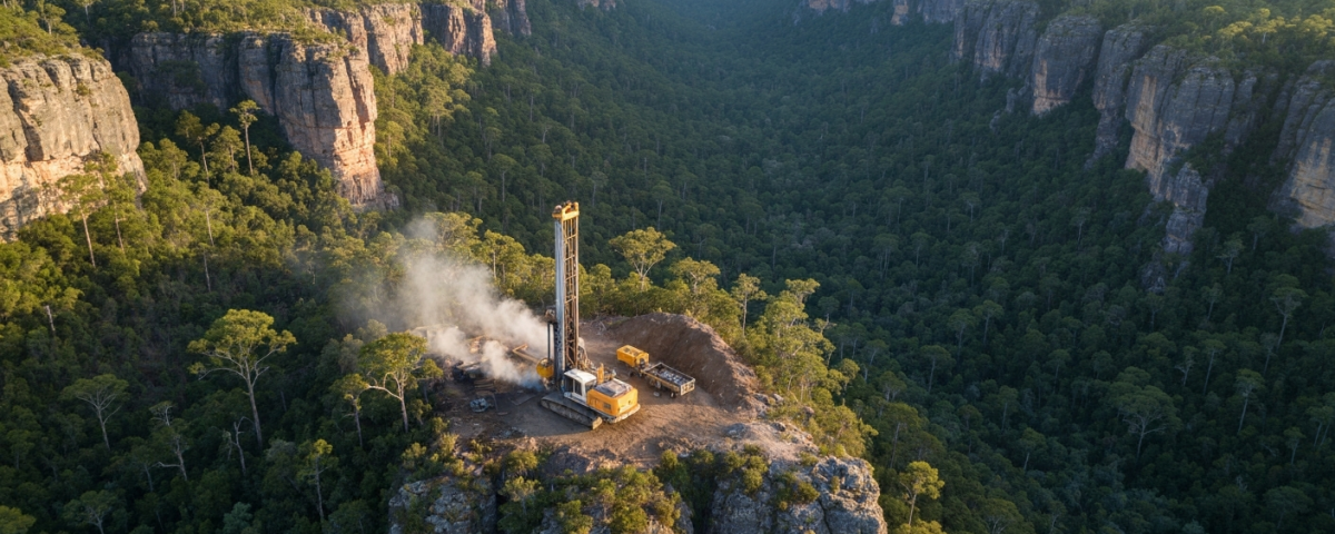 Bohranlage eines Junior-Mining-Unternehmens in einer abgelegenen Wildnislandschaft bei Abendlicht