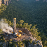 Bohranlage eines Junior-Mining-Unternehmens in einer abgelegenen Wildnislandschaft bei Abendlicht