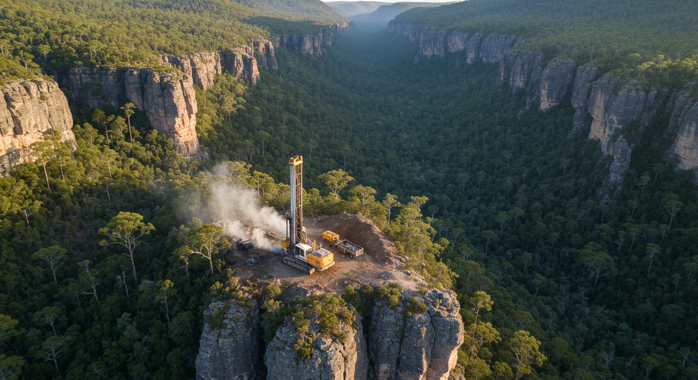 Drill rig of a junior mining company in a remote wilderness landscape at dusk