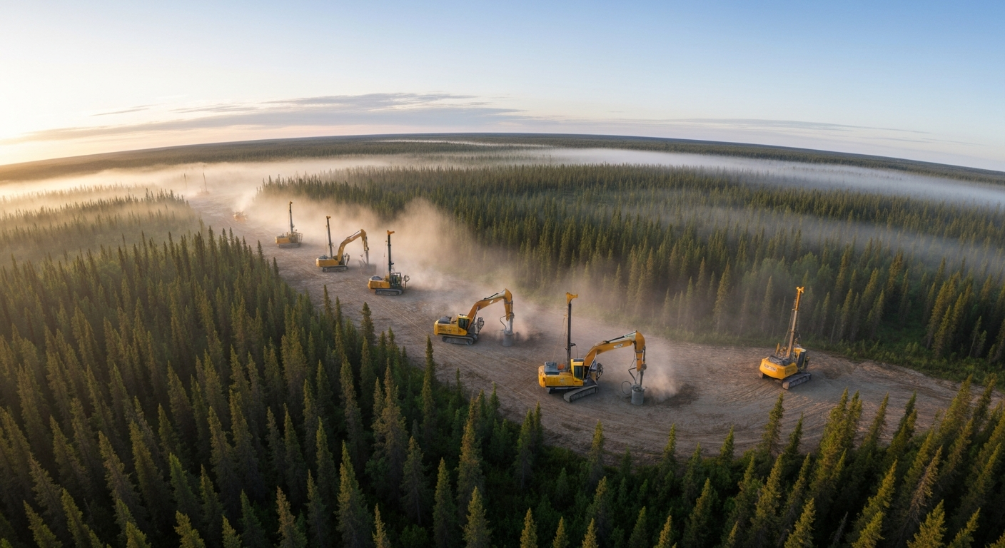 Multiple drill rigs operating in a remote subarctic mining region at dawn