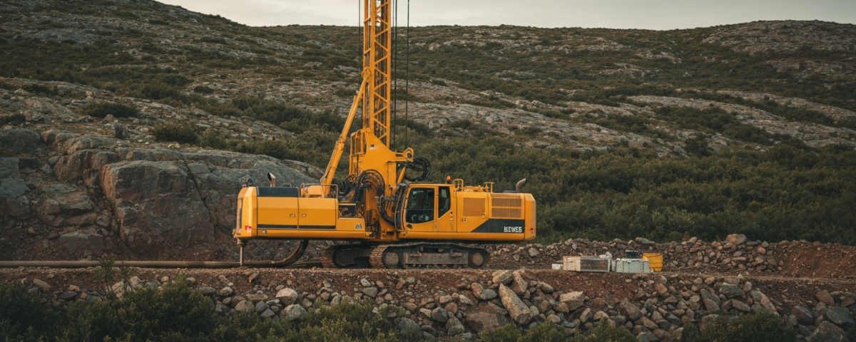 Bohranlage bei Explorationsarbeiten in unwegsamem Gelände