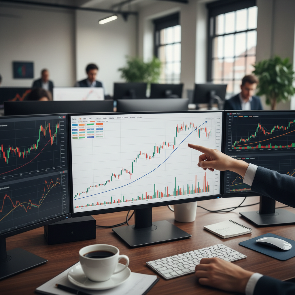 Finanzanalyst zeigt auf steigende Rohstoffpreis-Charts auf mehreren Bildschirmen am Schreibtisch