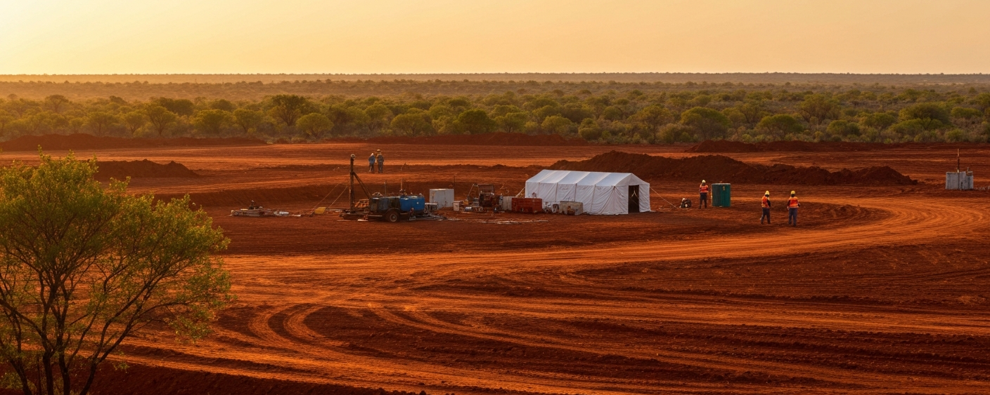 Explorationslager im australischen Outback bei goldenem Abendlicht