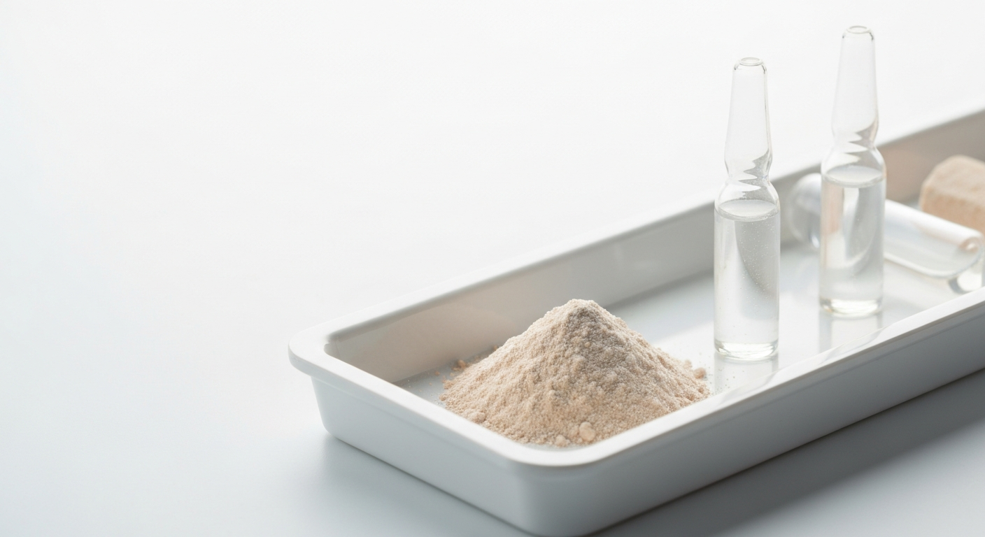 Lithium carbonate powder and brine solution samples in a laboratory on a white surface