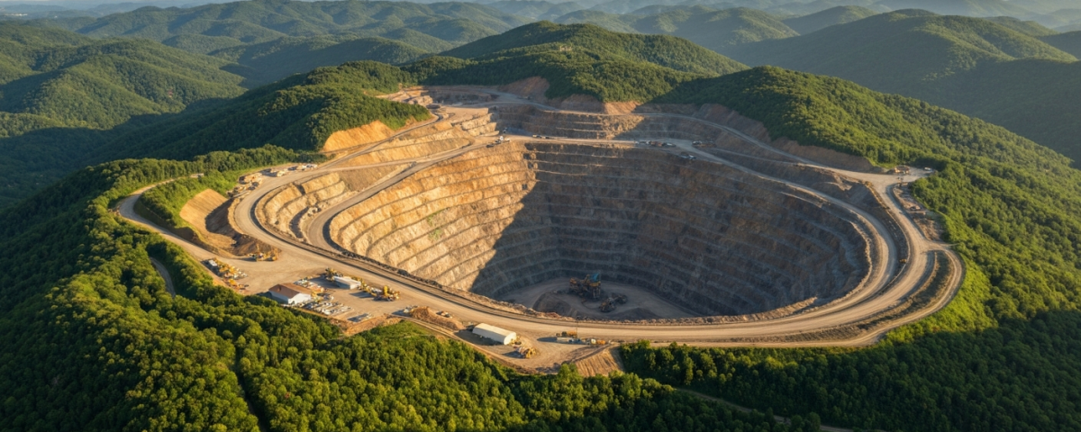 Luftaufnahme einer Goldmine mit angrenzenden Rekultivierungszonen und natürlicher Landschaft