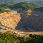Luftaufnahme einer Goldmine mit angrenzenden Rekultivierungszonen und natürlicher Landschaft