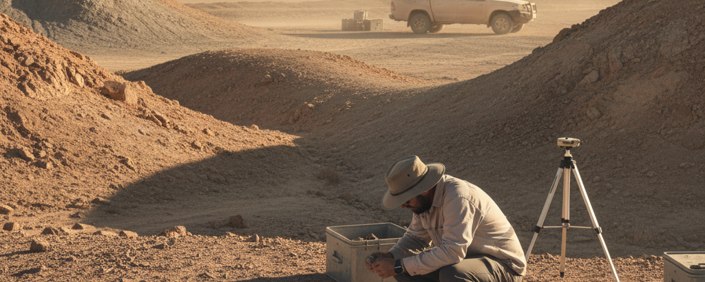 Geologe untersucht Gesteinsproben an einem Lithium-Explorationsstandort in trockener Landschaft