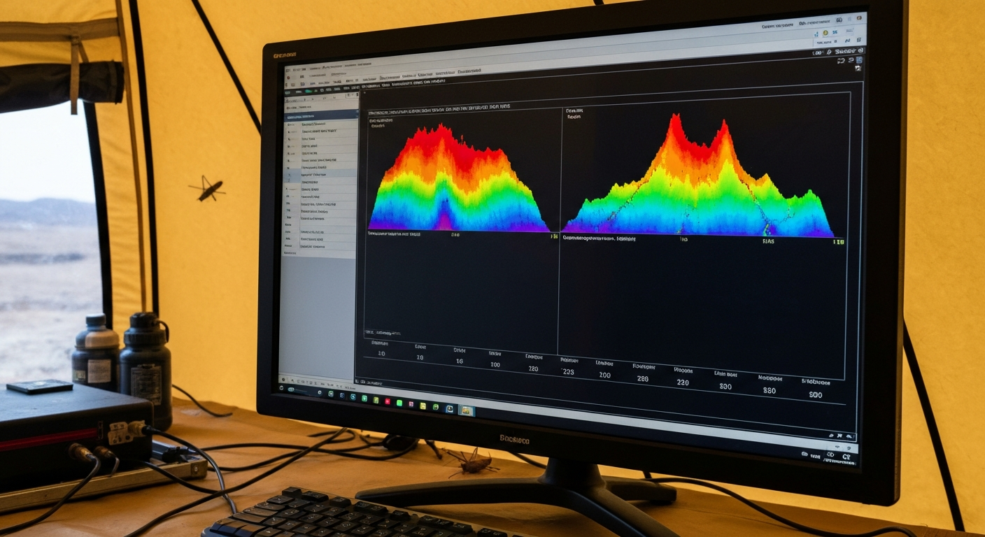 Geologe analysiert magnetische Anomaliekarte auf Computermonitor im Feldlager