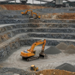 Idle mining machinery in an open-pit mine with terraced rock formations and a distant industrial facility under overcast