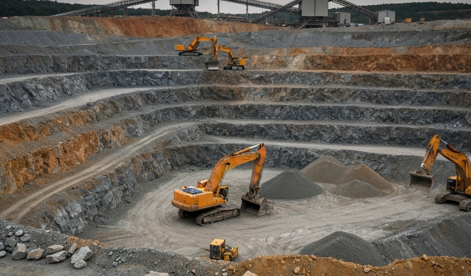 Idle mining machinery in an open-pit mine with terraced rock formations and a distant industrial facility under overcast