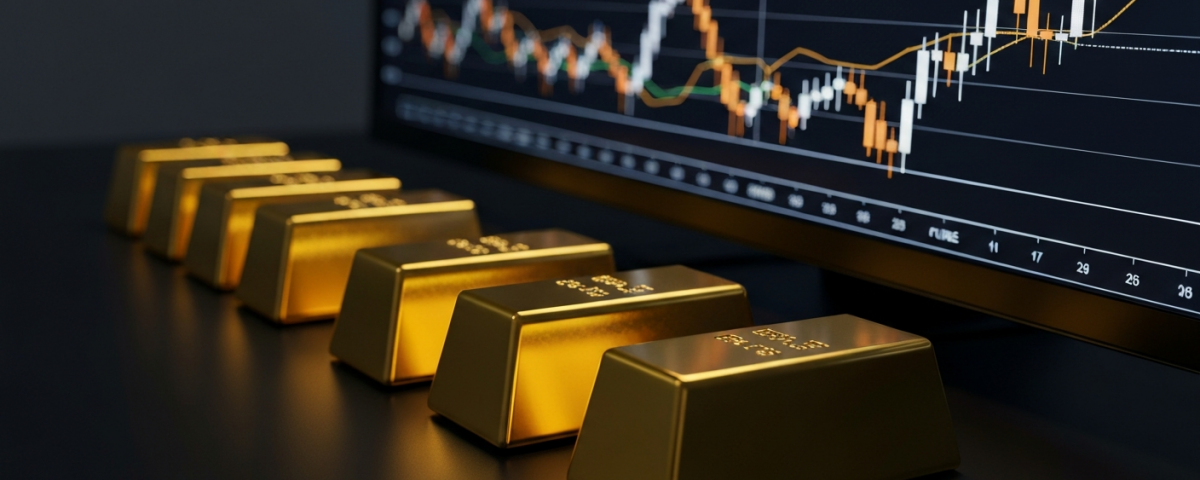 Gold bars on dark surface beside a screen showing abstract futures chart graphics, editorial finance photography