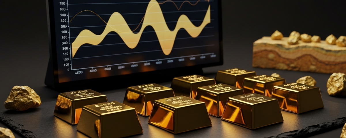 Polished gold bars on dark slate surface next to an abstract cyclical price chart graphic on a screen, with raw gold ore