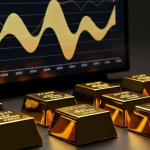 Polished gold bars on dark slate surface next to an abstract cyclical price chart graphic on a screen, with raw gold ore