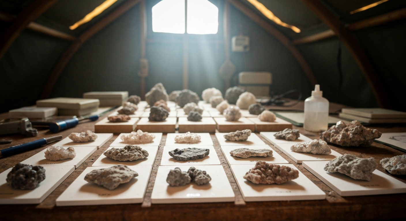 Seltenerden-Gesteinsproben auf einem Geländetisch bei einer geologischen Erkundung