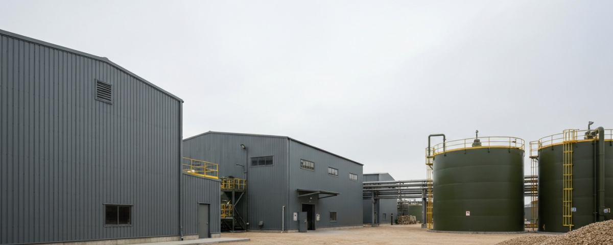 Industriegebäude einer Wolframverarbeitungsanlage unter grauem Himmel in gedeckten Grün- und Grautönen