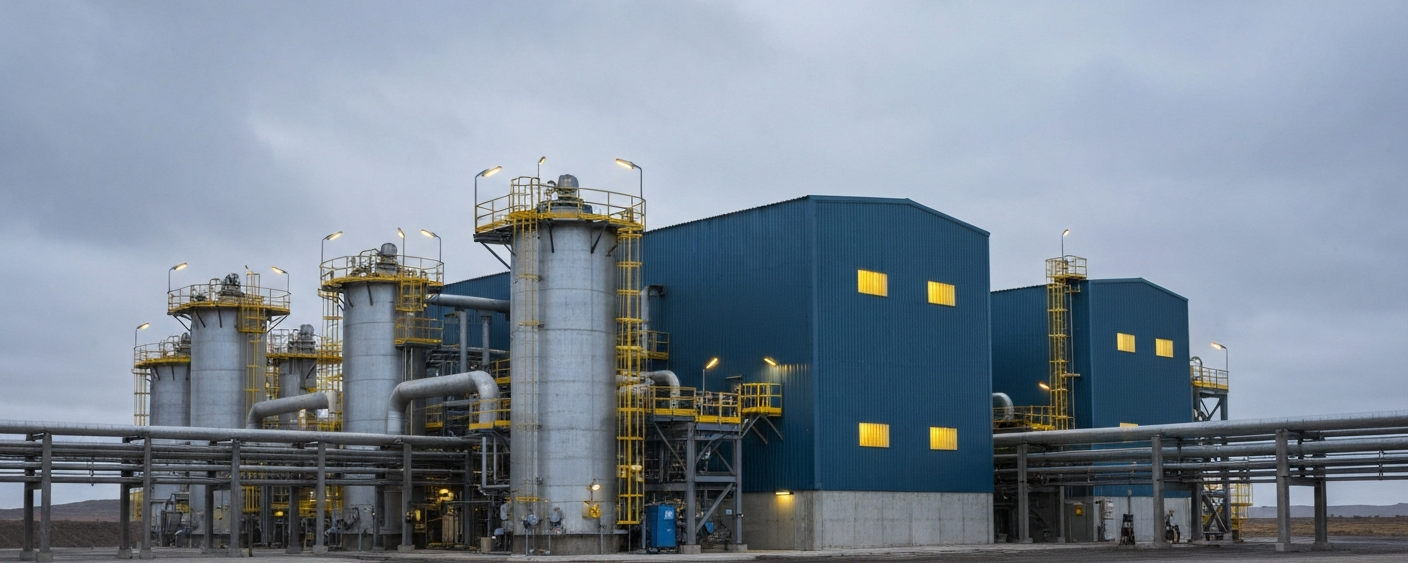 Uranverarbeitungsanlage unter bewölktem Himmel in stahl-blauer Industriekulisse