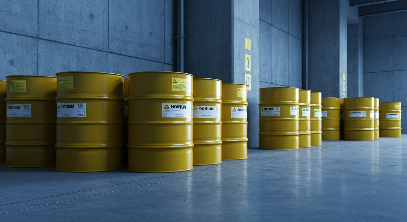Yellowcake-Fässer auf grauem Betonboden in einer Uranmühle