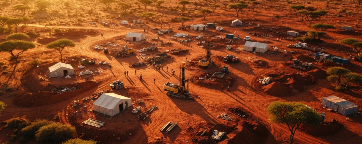 Explorationslager in Afrika mit Bohrgeräten bei Sonnenuntergang, roter Lateritboden und Akazienbäume