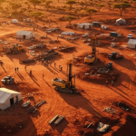 Explorationslager in Afrika mit Bohrgeräten bei Sonnenuntergang, roter Lateritboden und Akazienbäume