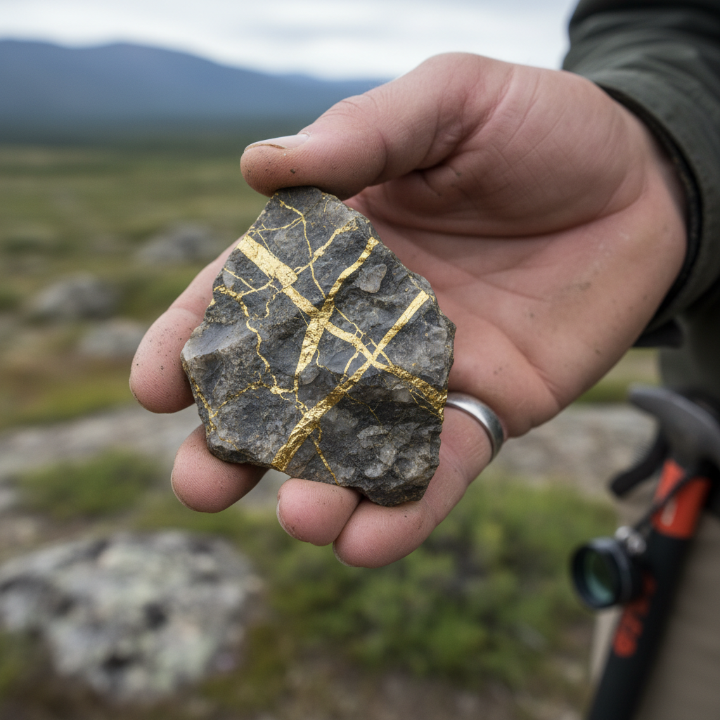 Geologe hält Gesteinsproben mit Goldadern bei Feldarbeit