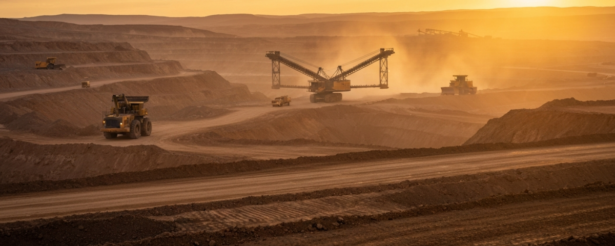 Weitläufige Kupfer-Tagebaumine bei Abendlicht mit terrassierten Gesteinsschichten und Schwerlastfahrzeugen