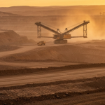 Weitläufige Kupfer-Tagebaumine bei Abendlicht mit terrassierten Gesteinsschichten und Schwerlastfahrzeugen