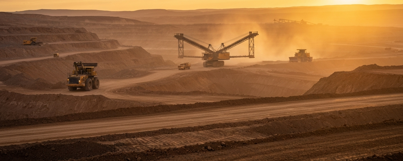 Expansive open-pit copper mine at dusk with terraced rock layers and heavy-duty vehicles
