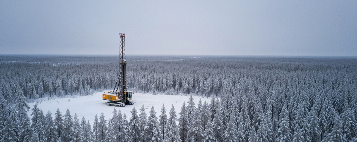 Bohranlage im skandinavischen Borealdwald bei winterlichem Nordlicht – Lithiumexploration in Finnland