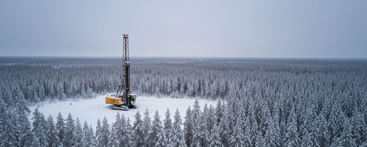 Bohranlage im skandinavischen Borealdwald bei winterlichem Nordlicht – Lithiumexploration in Finnland
