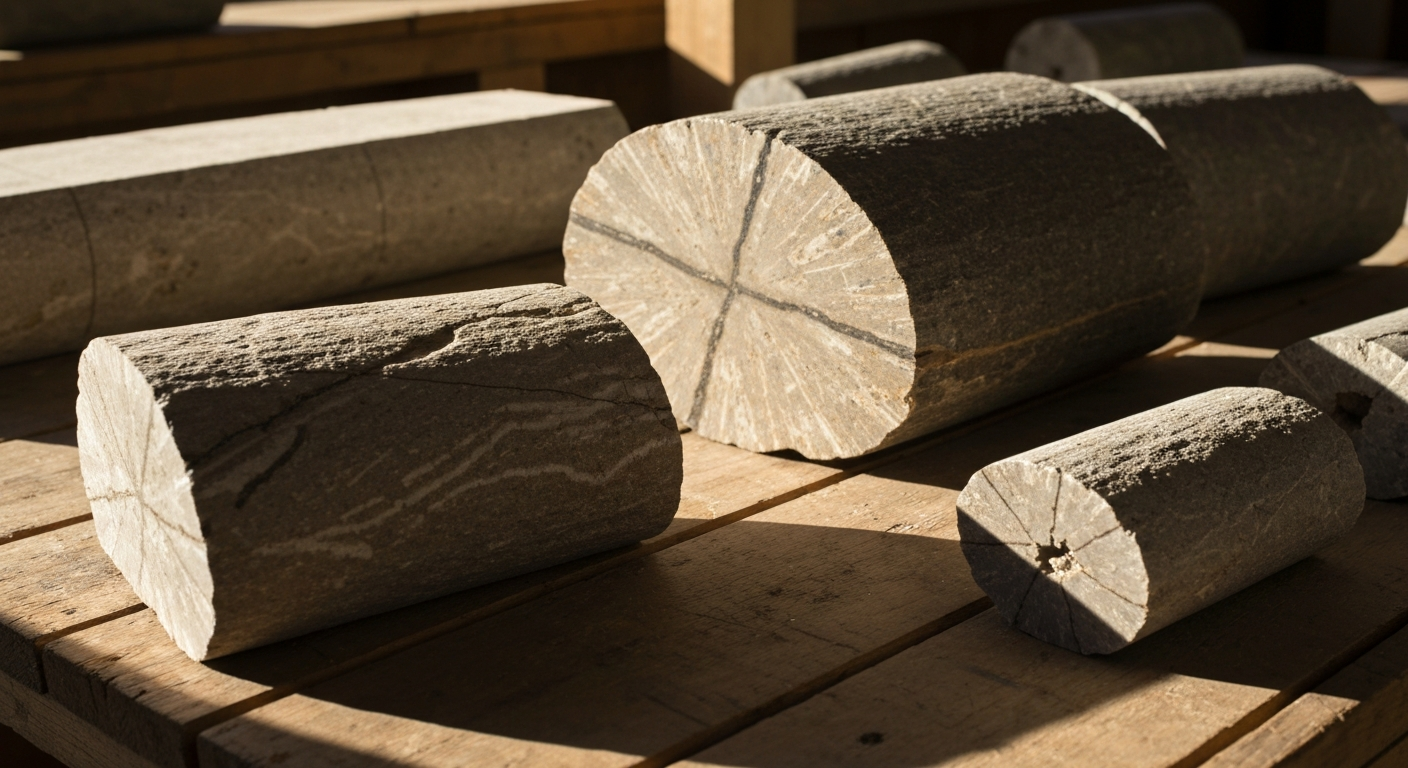 Bohrkernproben in Holzkästen auf einem Feldtisch – geologische Ersterfassung bei einem Lithiumprojekt