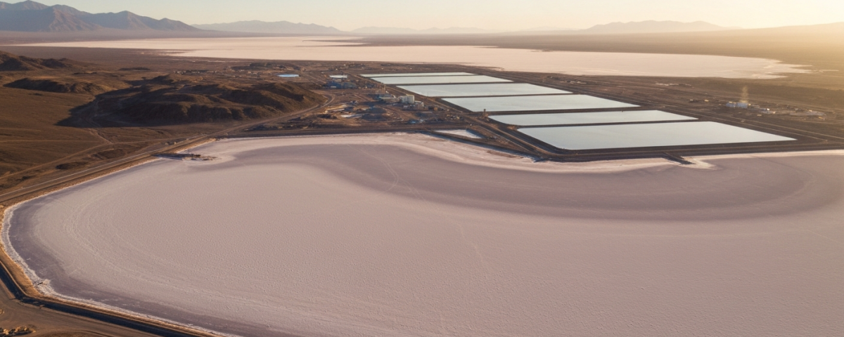 Luftaufnahme einer Lithium-Soleanlage in einer weitläufigen Salzwüste bei Morgenlicht