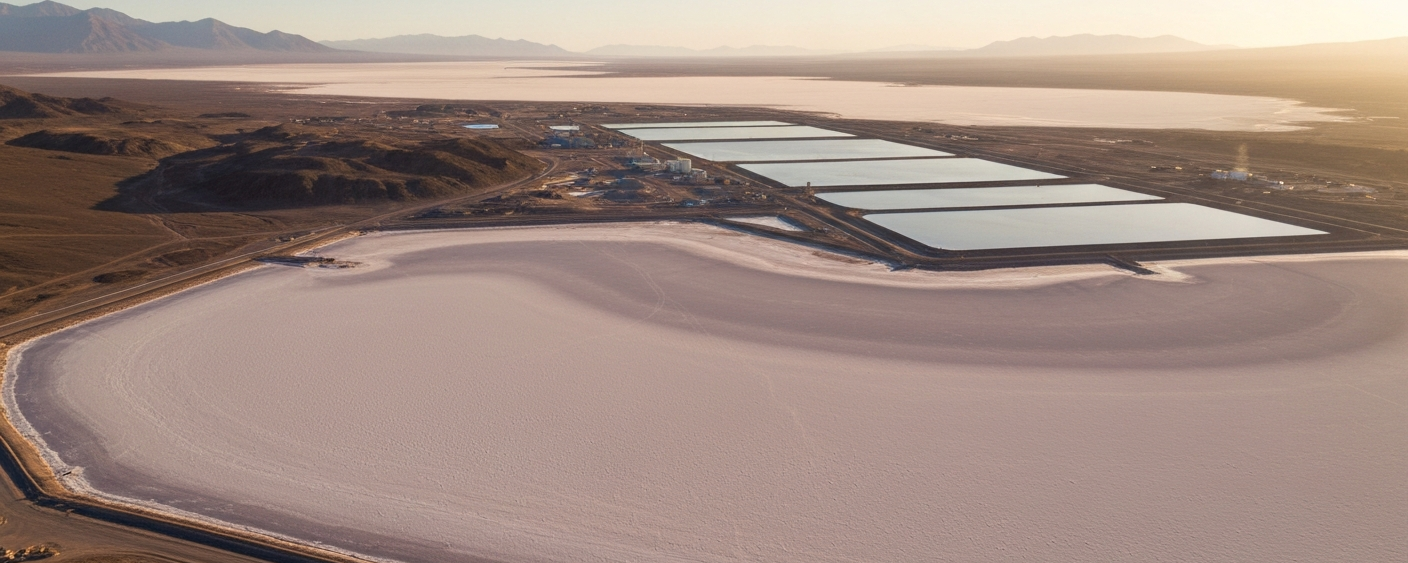 Luftaufnahme einer Lithium-Soleanlage in einer weitläufigen Salzwüste bei Morgenlicht