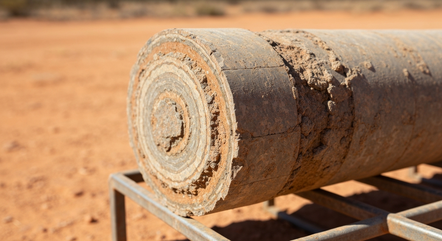 Geologische Bohrkerne auf einem Metallgestell in australischer Outback-Landschaft