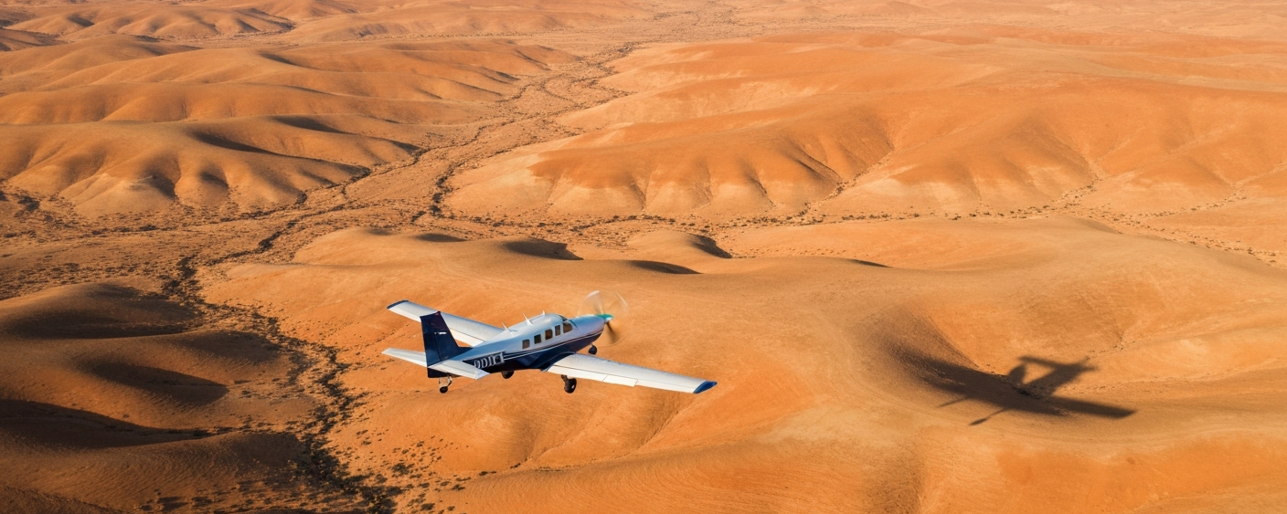 Kleines Vermessungsflugzeug im Tiefflug über einer weitläufigen Wüstenlandschaft bei Goldener Stunde