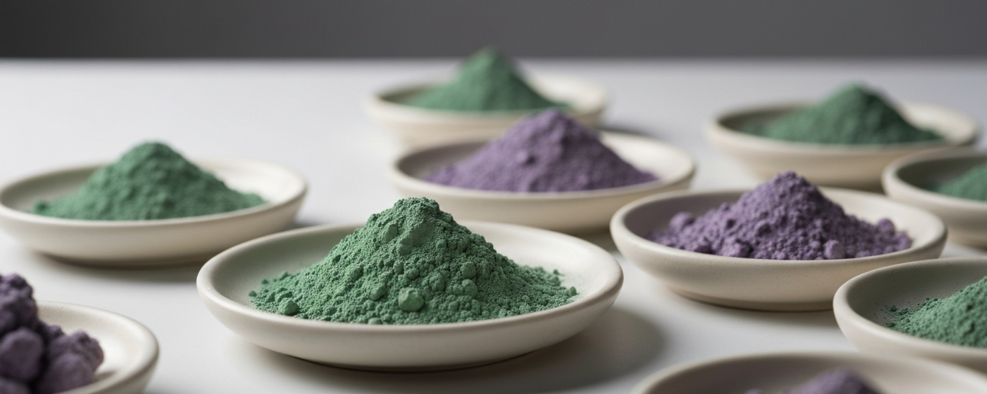Seltene-Erden-Oxidproben in Keramikschalen auf weißer Laborfläche, gedämpfte grüne und violette Farbtöne