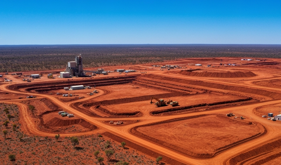 Explorationscamp in der australischen Outback-Landschaft mit Bohrausrüstung